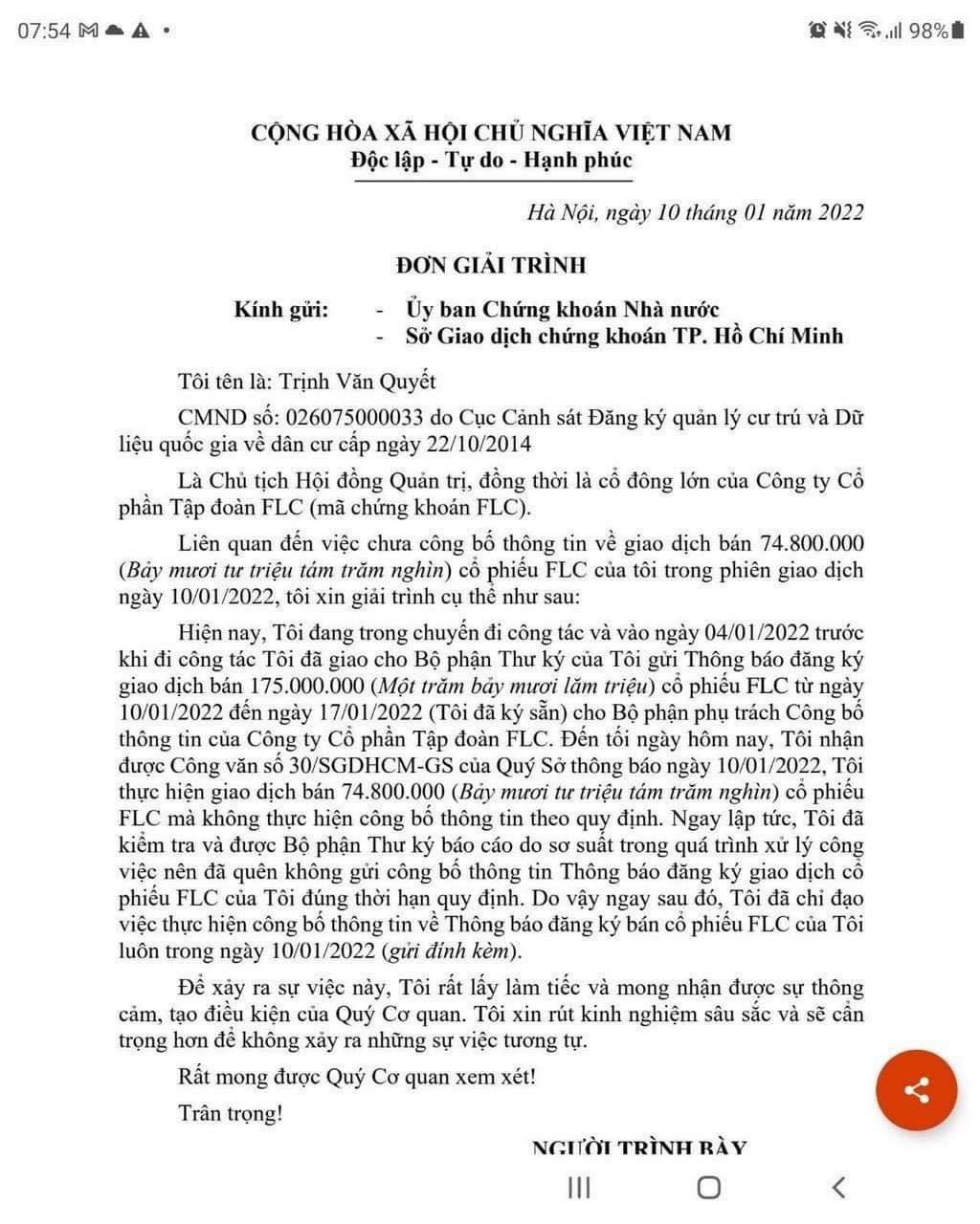 Văn bản hỏa tốc chấn động, ông Trịnh Văn Quyết bán 75 triệu cổ phiếu không công bố thông tin